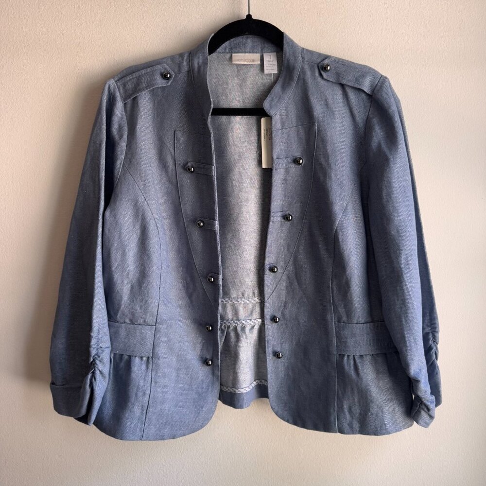 Chico's Womens Blazer Size 1 Blue Cotton Linen Blend Military Style